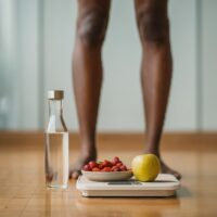 Man stands next to a scale Weighing food on the scale for weight loss