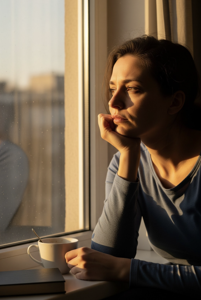 pensive woman looking out the window