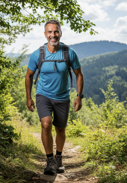 healthy middle aged man hiking outdoors