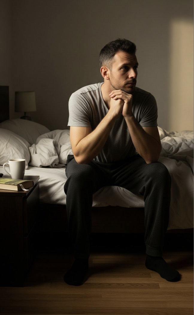 man looking contemplative in bedroom