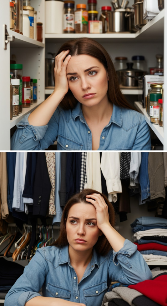 woman frustrated in her kitchen and closet