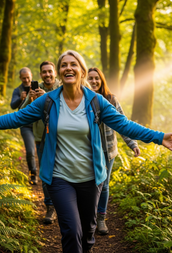 woman hiking with family