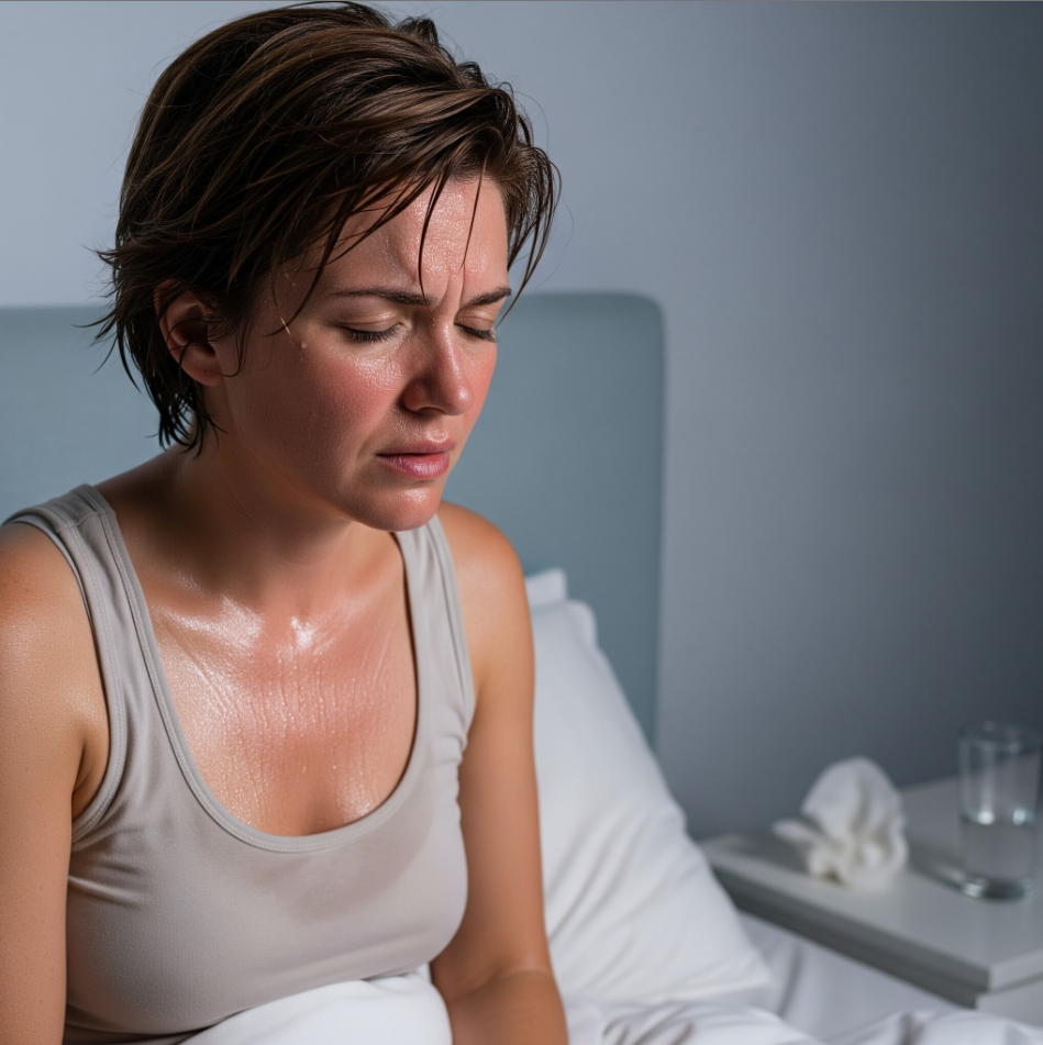 woman sitting up in bed with a hot flash