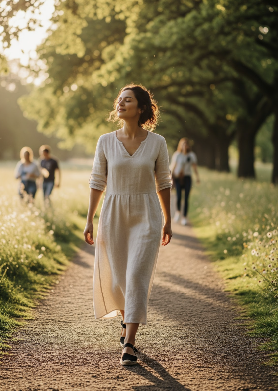 woman walking peacefully in the park